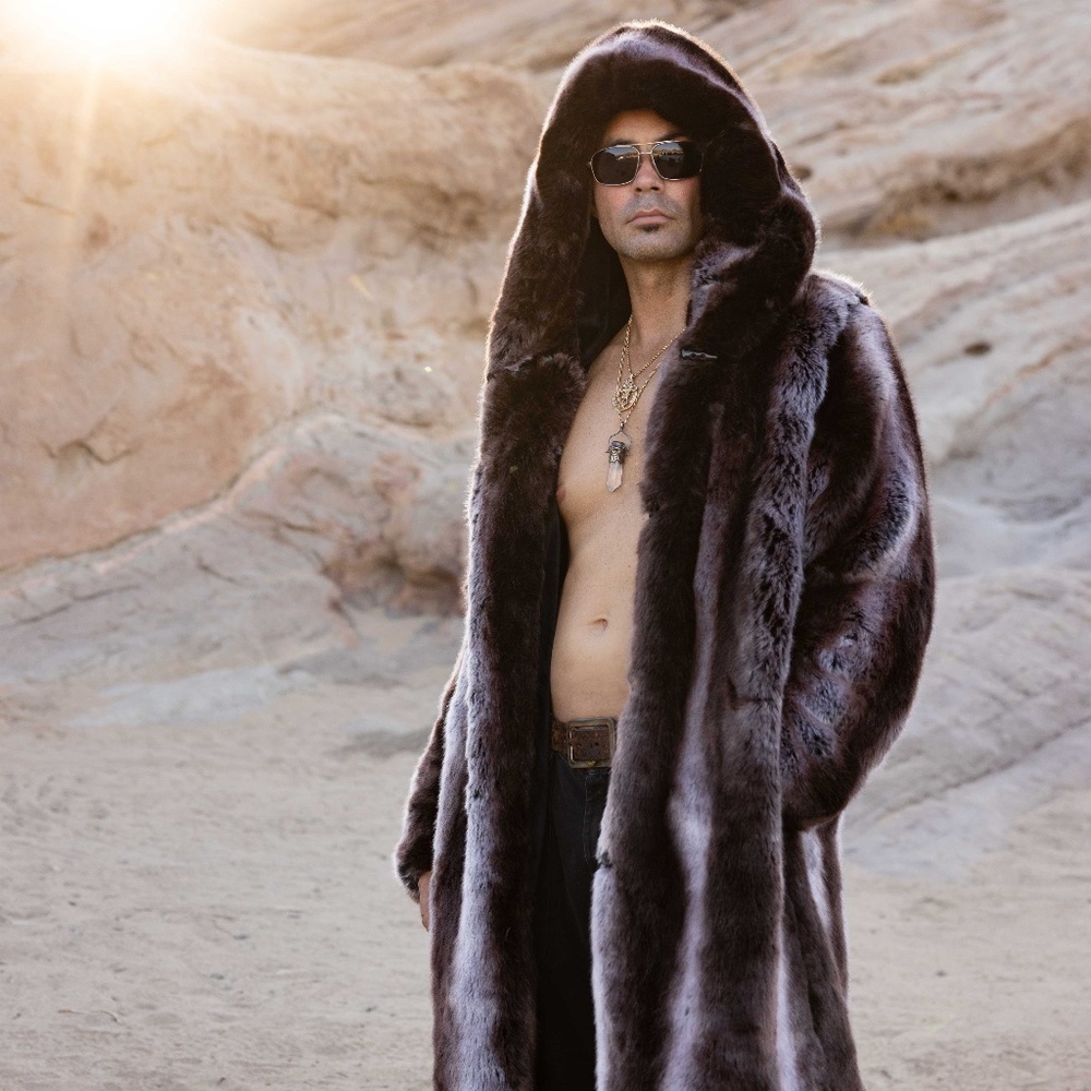 FURROCIOUS FURR Men’s Faux Fur Long Luxury Brown Tissavel Chinchilla Coat